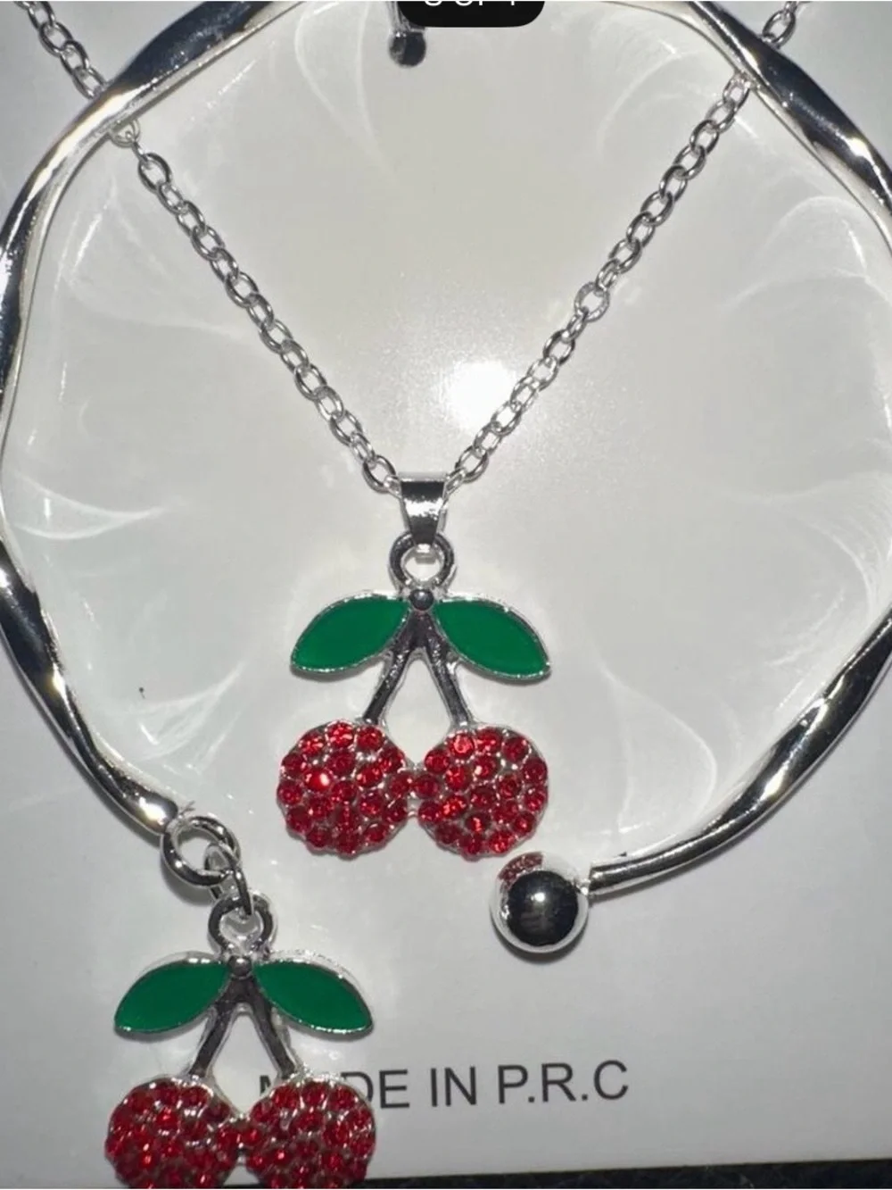 Kids Silver Cherry Necklace and Earrings Set - Red Green